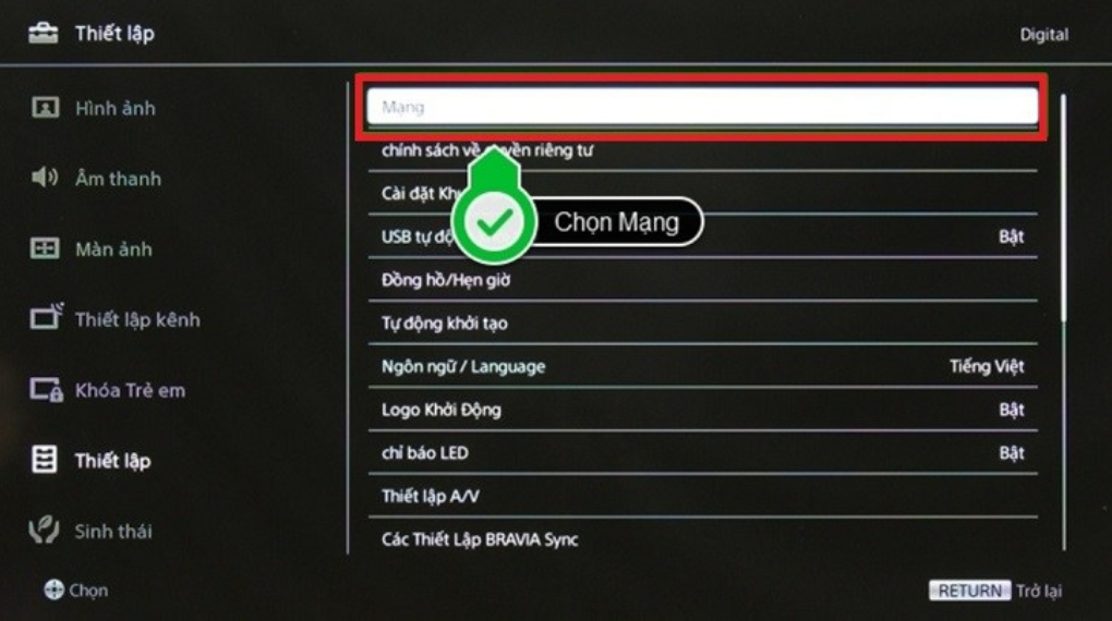 Thiết lập lại cài đặt mạng trên tivi Sony